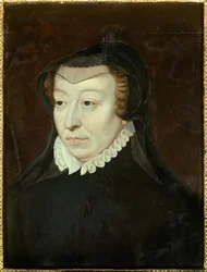 Portrait de Catherine de Médicis (Caterina de Medici) (1519-1589), reine de France. Peinture de François Clouet (vers 1515-1572). Soleil. 0,33 x 0,24 m. XVIe siècle. Chantilly, Musée Condé