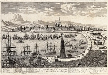 Vue de la ville et du port de Barcelone au 18ème siècle. Gravure de François Antoine Aveline. Barcelone, Museu d