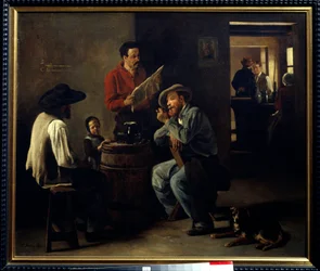 Intérieur de cabaret Deux hommes assis dans une taverne écoutent la lecture du journal