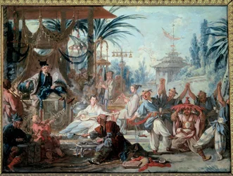 Chinoiserie : "Danse chinoise" Scène de divertissement à la cour impériale avec musiciens et danseurs. Peinture de François Boucher (1703-1770) 1740 Besançon, Musée des Beaux-Arts