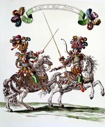 Écuyer indien et page lors du carrousel donné par le roi Louis XIV (1638-1715) en 1662 aux Tuileries pour célébrer la naissance du Dauphin. Gravure de François Chauveau (1613-1676) 17ème siècle Collection privée