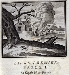 La Cigale et la Fourmi. Fables de Jean de La Fontaine (1621-95). Illustration de François Chauveau (1613-1676). Édition de 1728.