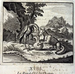 Le renard et la cigogne. Fables de Jean de La Fontaine (1621-95). Illustration par François Chauveau (1613-1676). Édition de 1728.