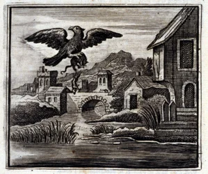 La grenouille et le rat. Fables de Jean de La Fontaine (1621-95). Illustration de François Chauveau (1613-1676). Édition de 1728.