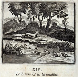 Le lièvre et les grenouilles. Fables de Jean de La Fontaine (1621-95). Illustration par François Chauveau (1613-1676). Édition de 1728.