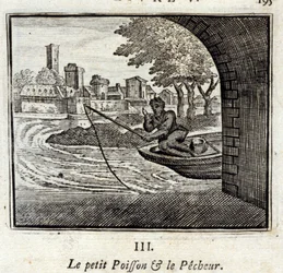 Le Petit Poisson et le Pêcheur. Fables de Jean de La Fontaine (1621-95). Illustration de François Chauveau (1613-1676). Édition de 1728.
