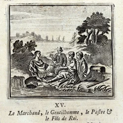 Le marchand, le gentilhomme, le patra et le fils du roi. Fables de Jean de La Fontaine (1621-95). Illustration de François Chauveau (1613-1676). Édition de 1728.