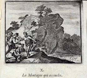 La montagne qui accouche. Fables de Jean de La Fontaine (1621-95). Illustration de François Chauveau (1613-1676). Édition de 1728.