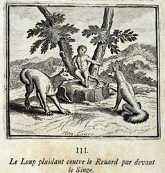 Le loup plaidant contre le renard devant le singe. Fables de Jean de La Fontaine (1621-95). Illustration par François Chauveau (1613-1676). Édition de 1728.