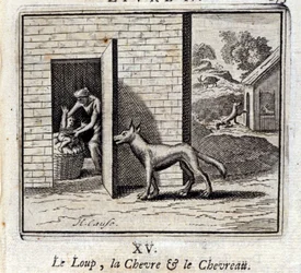 Le loup, la chèvre et la chèvre. Fables de Jean de La Fontaine (1621-95). Illustration de François Chauveau (1613-1676). Édition de 1728.
