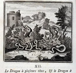 Le dragon a plusieurs têtes et le dragon a plusieurs queues. Fables de Jean de La Fontaine (1621-95). Illustration de François Chauveau (1613-1676). Édition de 1728.