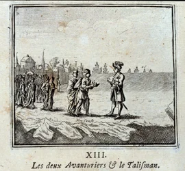 Les deux aventuriers et le talisman. Fables de Jean de La Fontaine (1621-95). Illustration par François Chauveau (1613-1676). Édition de 1728.
