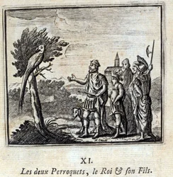 Les deux perroquets, le roi et son fils. Fables de Jean de La Fontaine (1621-95). Illustration de François Chauveau (1613-1676). Édition de 1728.