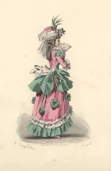 Femme à la mode en robe avec rosettes, époque de Marie-Antoinette
