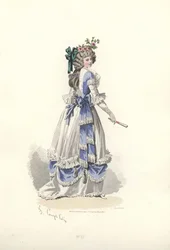 Femme en robe avec volants en ruban, époque de Marie-Antoinette