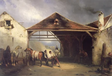 Un maréchal ferrant un cheval