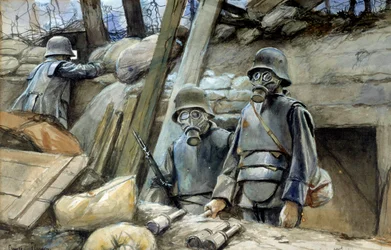 Première Guerre mondiale : soldats allemands avec cuirasses de tranchée et masques à gaz, août 1917. Aquarelle de François Flameng (1856-1923). 0,3 x 0,48 m. Paris, Musée de l