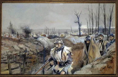 Première Guerre mondiale : « Vue de Souchez (en Artois), une tranchée le 18/12/1915 ». Aquarelle de Francois Flameng (1856-1923), décembre 1915, dim., 0,3x0,48 m, Paris, musée de l