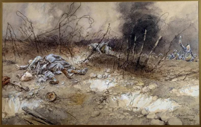 Première Guerre mondiale : scène de la bataille de La Craonne le 5/04/1917. Corps de fantassins étendus parmi les barbelés. Aquarelle de François Flameng (1856-1923). Soleil. 0,3 x 0,56 m. Paris, Musée de l