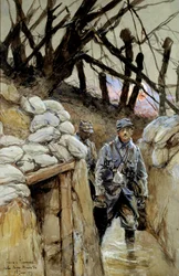 Première Guerre mondiale : « Un soldat de corvée de soupe dans la tranchée de Notre-Dame-de-Lorette, 28/06/1915 ». Aquarelle de François Flameng (1856-1923), juin 1915, soleil. 0,3 x 0,48 m, Paris, Musée de l