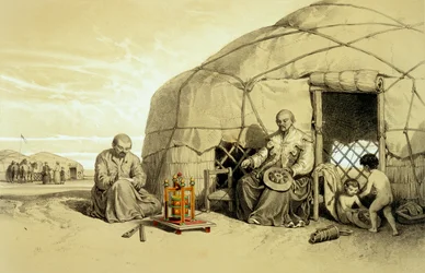 Kalmouks avec une roue de prière, Sibérie, illustration de 
