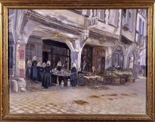 Marché sous les porches à Dinan - par F. Gombeaux, fin du 19e siècle