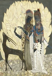 Deux femmes stylisées avec une antilope parmi les feuillages, vers 1928