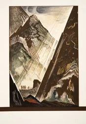 Prométhée cloué au rocher par Héphaïstos, Kratos et Bia, extrait de Prométhée enchaîné d