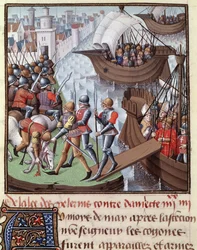 Septième Croisade : la flotte des Croisés dirigée par Saint Louis depuis Damiette en 1249. Miniature tirée du manuscrit "Le Miroir historial de Vincent de Beauvais", volume III du maître François (XVe siècle). Fol.418r. Musée Condé, Chantilly