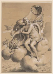 Vénus assise à côté de son char sur les nuages
