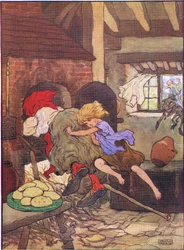 Gretel la poussa rapidement dans le four, extrait de Hansel et Gretel, publié par Blackie & Son Limited, vers 1940