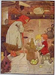 Hansel et Gretel sont nourris par la sorcière, illustration tirée de «The Beautiful Book of Nursery Rhymes, Stories and Pictures», par Frank Adams, publié par Blackie und Son