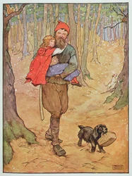 Le bûcheron ramène le Petit Chaperon rouge à la maison, illustration tirée de « The Beautiful Book of Nursery Rhymes, Stories and Pictures », par Frank Adams, publiée par Blackie und Son