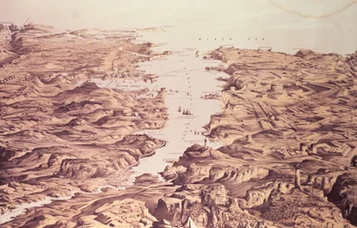 Vue panoramique des côtés nord et sud du port de Sébastopol, conçu et lithographié par Thomas Packer, publié par Stannard et Dixon, 1855