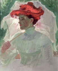 Femme au chapeau rouge et au parasol