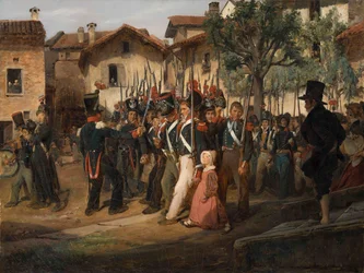La garde nationale de campagne défilant devant le maire.