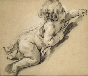 Un putto allongé à droite (craie sur papier)