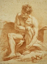 Nu assis avec un bâton, à gauche un relief avec des putti, 1738
