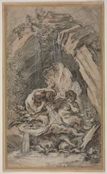 Fontaine avec deux tritons soufflant dans des coquilles de conque, vers 1736