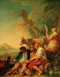 Bergers avec du bétail dans un paysage