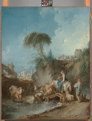 Paysage avec bâtiments lointains et une bergère