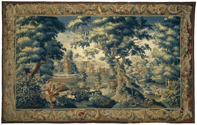 Paysage de parc avec couple assis et chasseurs au repos