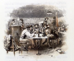 Discussion entre étudiants dans un café parisien. Illustration de "Profil de grisette" appartenant au Recueil "Mimi de Pinson" par Alfred de Musset