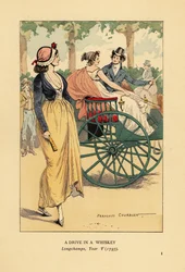 Couple à la mode conduisant une voiture à cheval ou un gig à Longchamps, Paris, An V