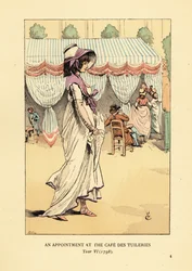 Femme à la mode arrivant à un rendez-vous au Café des Tuileries, Paris, An VI