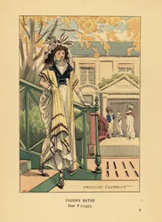 Femme à la mode ou Merveilleuse devant les Bains Vigier sur les rives de la Seine, An V