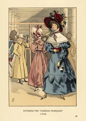 Femmes à la mode au théâtre, Paris. Femme en grand bonnet avec rubans, robe à col haut, cape en dentelle ou pèlerine et manches bouffantes. Entrée à la Comédie-Française