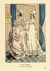 Femmes avec coiffes à plumes et robes brodées luxueuses, cour du roi Louis XVIII, vers 1817. Intérieur avec rideaux bleus et tapis fleur de lys. Robes de cour au début de la Restauration, Paris. Lithographie coloriée à la main par R.V. d