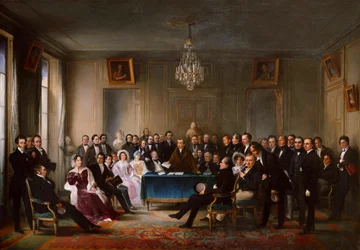 François-Guillaume Andrieux lisant sa tragédie Junius Brutus dans le foyer, 26 mai 1828, vers 1847