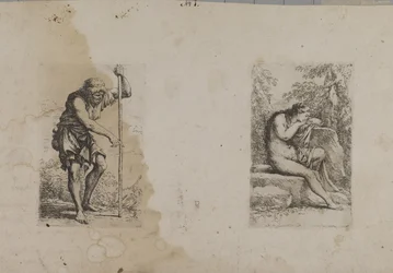 Homme debout, tenant un bâton - Femme assise...